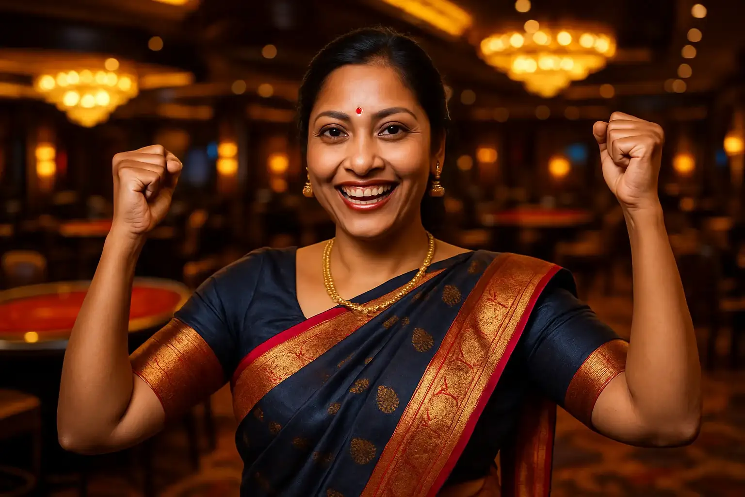 Confident Bangladeshi woman in elegant saree celebrating in luxury casino lounge