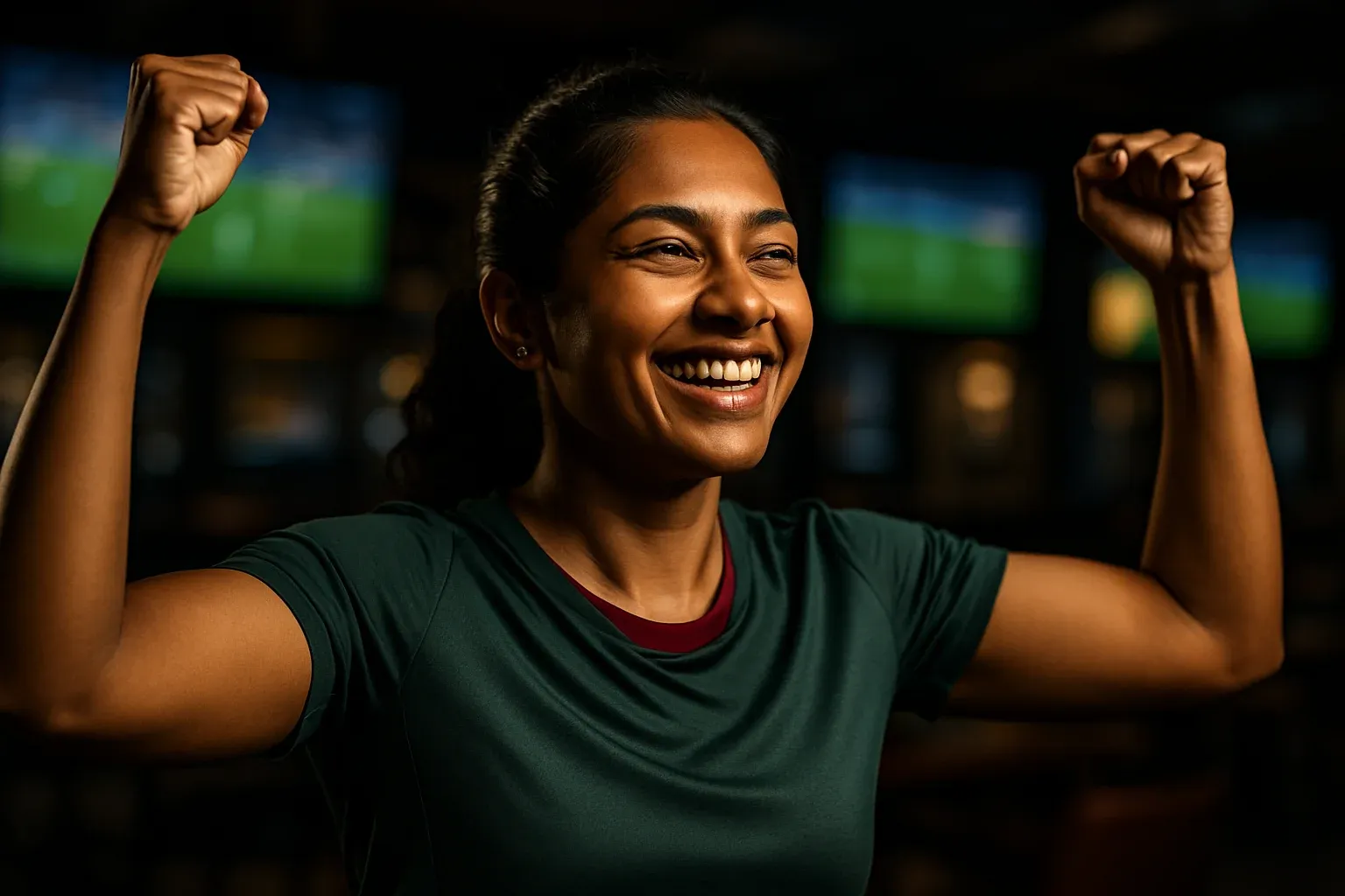 Joyful Bangladeshi woman in modern sportswear celebrating with arms raised