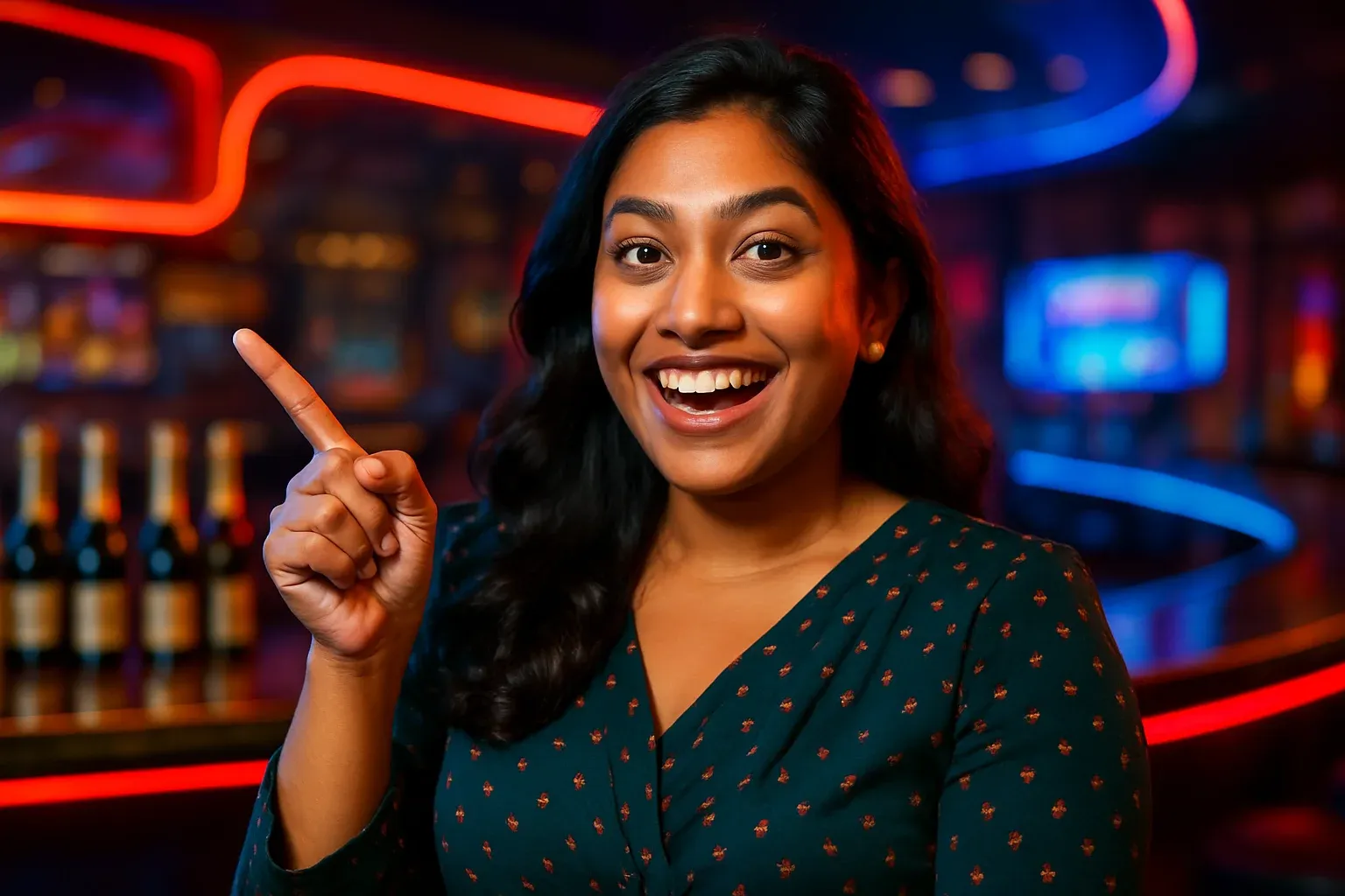Happy Bangladeshi woman pointing at a win in casino bar