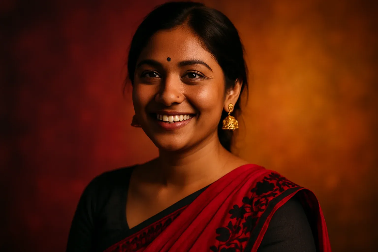 High-resolution portrait of happy Bangladeshi woman in modern fusion wear