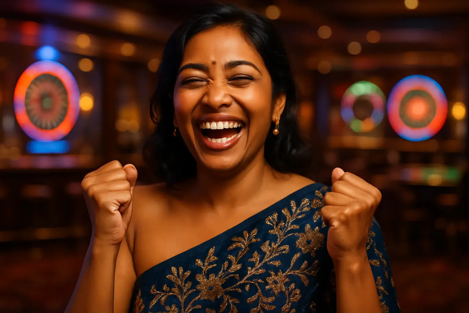 Joyful Bangladeshi woman laughing in evening dress at neon casino bar