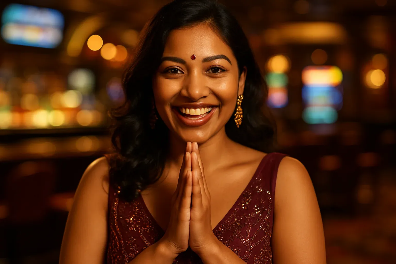 Joyful Bangladeshi woman in evening dress celebrating at blurred casino bar