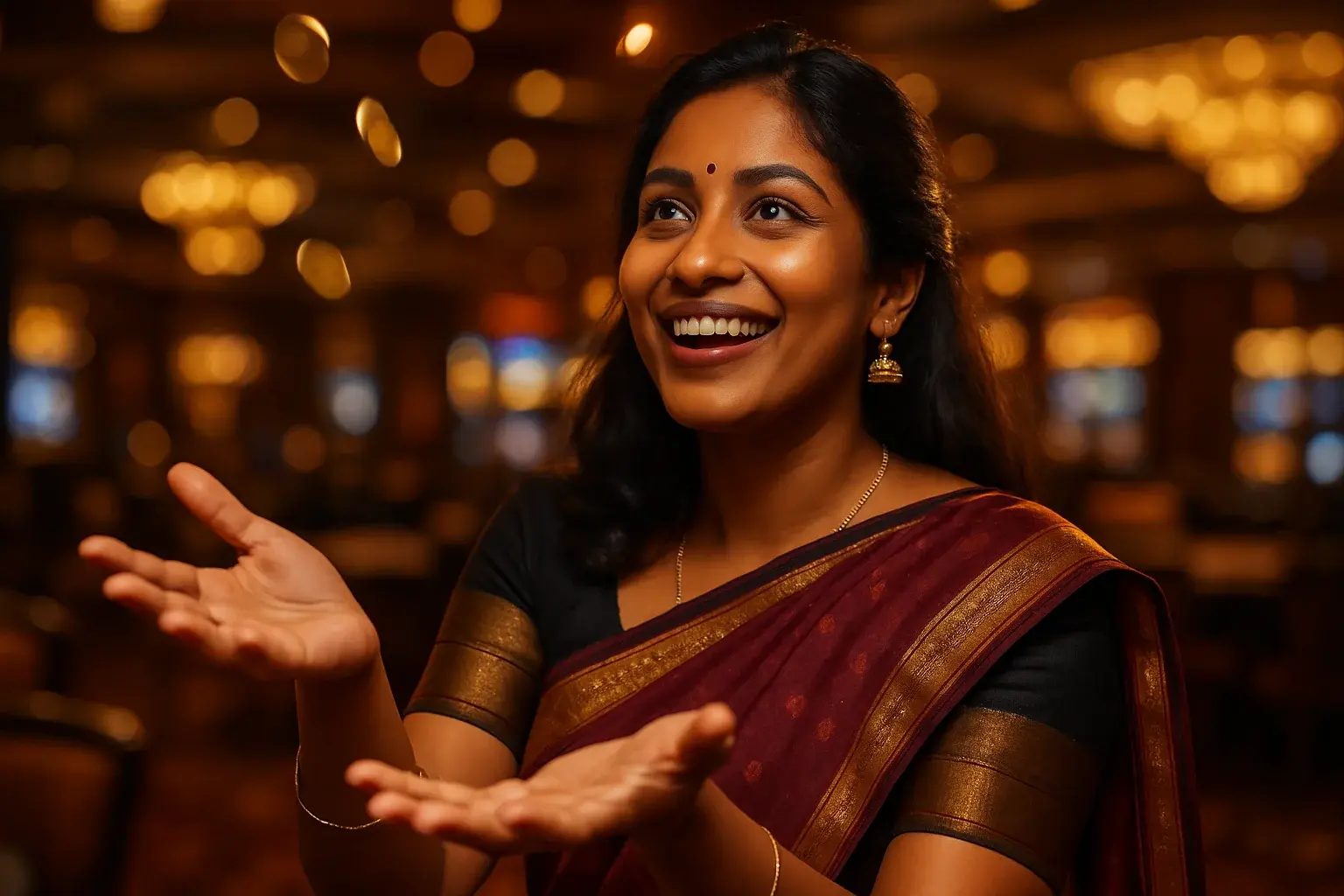 Happy Bangladeshi woman in elegant saree catching coins in casino lights